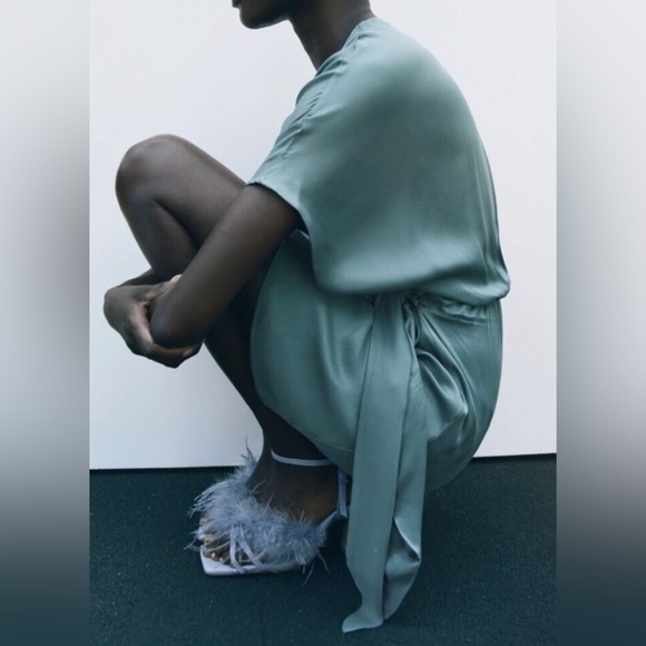 ZARA Women's Small Sea Green Satin Effect Faux Wrap Party Cocktail Mini Dress - Picture 11 of 14